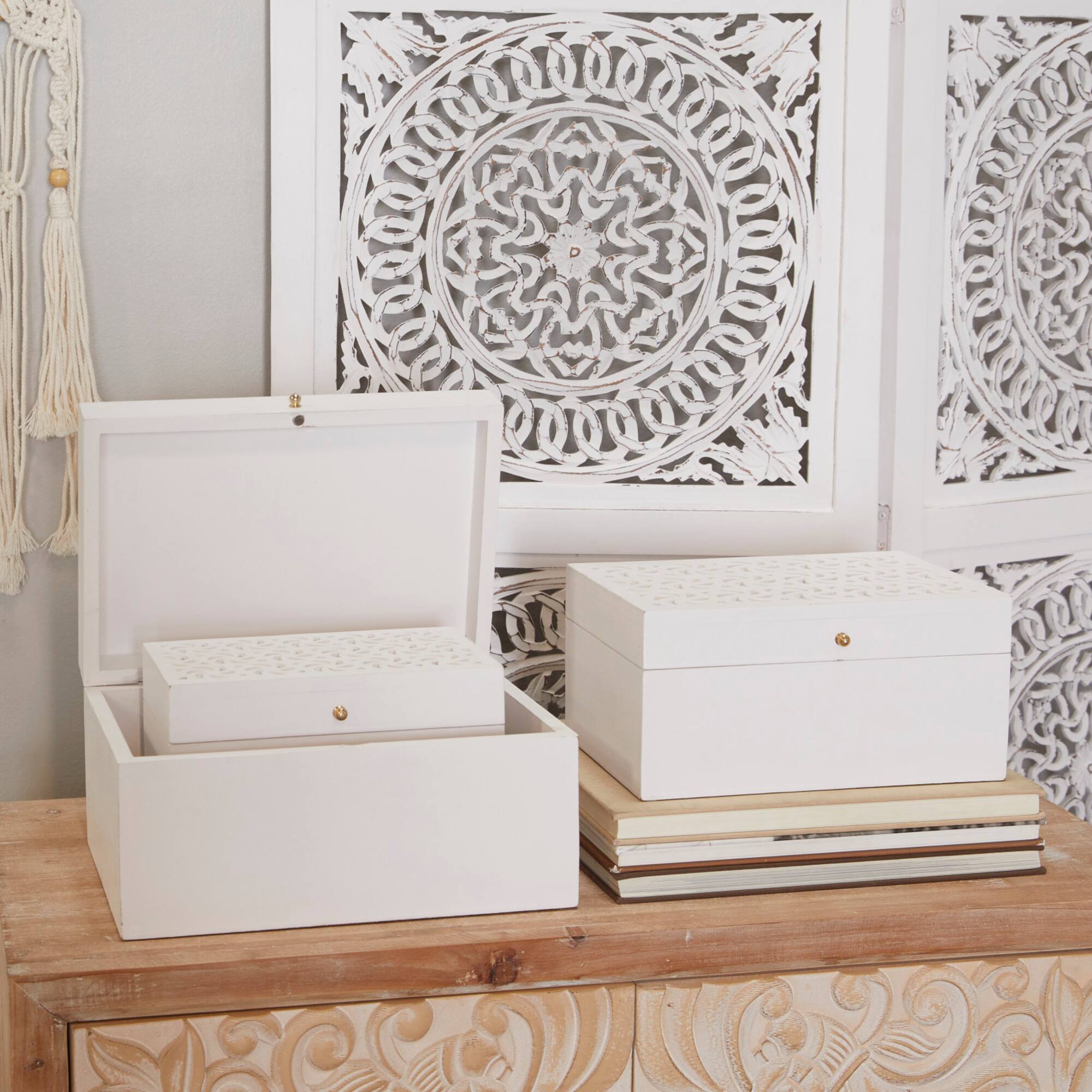 White Wood Intricate Carved Box with Hinged Lid Set